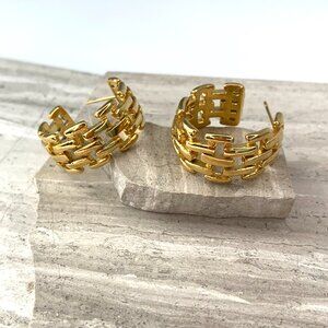 NEW~ Anthropologie Basket Weave Water Resistant Gold Hoop Earrings